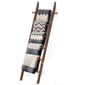 Farmhouse 6 Ft Wooden Blanket Ladder with Removable Hooks, 6-Tier Rustic Blanket Rack Decorative Stand, Leaning Towel Quilt Rack Holder for Bathroom Living Room Deco