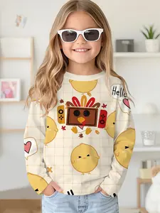 Long-sleeved crewneck drop-shoulder sweatshirt top T-shirt with digital printed yellow background, chick and turkey patterns, long-sleeved T-shirt clothing for girls in spring and autumn, 100% polyester, the best gift for girls