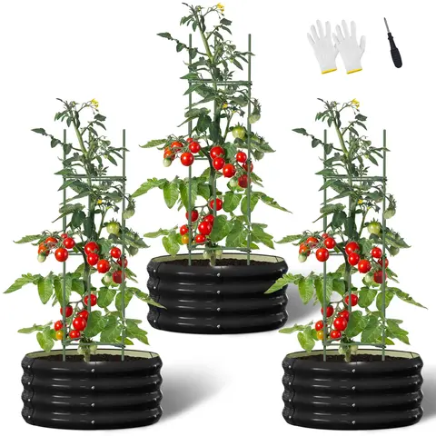 ABORON 3-Pcs Raised Beds for Gardening (23.6"l x 23.6"w x 11.8"h) - Powder-Coated Circular Galvanized Planters with 3 Tomato Cages, Elevated Design with Drains, Climbing Plant Aid, Root Ventilation for Vegetables & Herbs, Assembly Guide