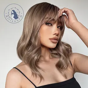 INSTYLE 16 Inch Light Brown Shoulder-Length Wavy Hair With Bangs Synthetic Heat Resistant Wigs for Daily or Party Use