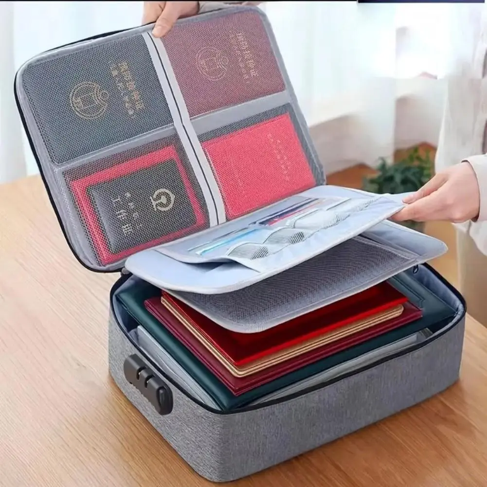 Fireproof Waterproof Document Organizer Bag with Code Lock, 3-Layer File Storage Box, Travel-Safe Passport Card Certificate Holder (Home Supplies Organizer)