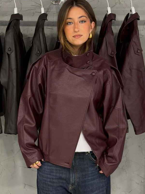 2026 Women's Black PU Leather Jacket, Oversize Asymmetrical Outerwear with Zipper, Long Sleeve Street Style Biker Jacket for Autumn