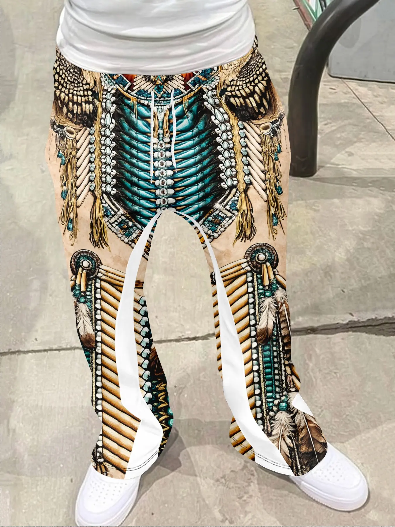 Men's street wear retro flared pants, Latin American ethnic style trendy casual pants, a fusion of "ethnic style+street style", drawstring waistband+white stripes on the sides+tassel decoration on the hem, combining decorative and casual feel