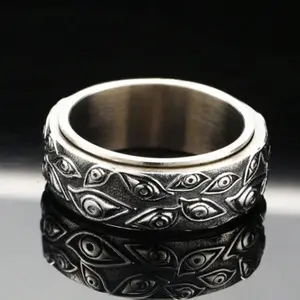Eye of the Devil Ring Hypoallergenic Titanium Steel Silver Color Golden Black Wide Band 3D Carving Unique Design Eye Catching