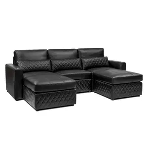 Valencia Pisa Ultimate Nappa 20000 Leather Lounge Sectional Sofa, Three Seats with 2 Ottomans, Black