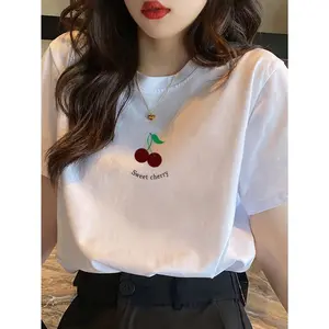 Women's Casual Cherry Print Pure Cotton T-Shirt - Short Sleeve Round Neck Summer Top with Sweet Cherry Graphic, Machine Washable & Breathable for Casual Attire, Cherry Tshirt, Fun Graphic Tee, Relaxed Fit, Playful Design, Soft Material, Trendy Women