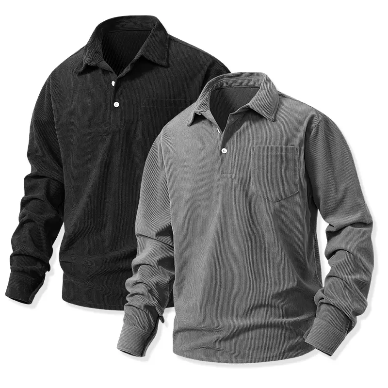 Men’s corduroy pullover polo shirt with a turn-down collar and half-button placket, loose long sleeves, vintage textured casual shirt for men’s everyday wear
