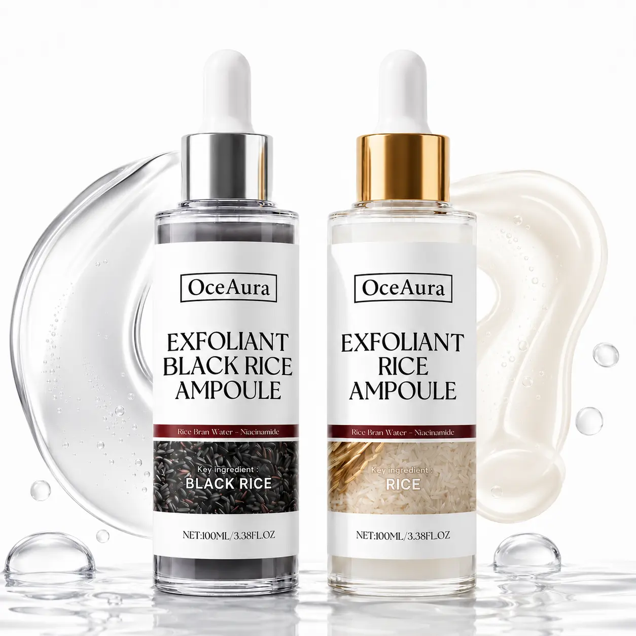 2PCS Black Rice & Rice Exfoliating Ampoule, Rice Bran Water and Niacinamide Facial Serum Set for Gentle Exfoliation, Hydration and Smoother-Looking Skin, 100ml Each