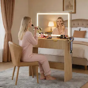 Fluted Vanity Desk with Mirror and Lights, 2 Drawers, 3 Lighting Modes & Adjustable Brightness – Dressing Table for Bedroom