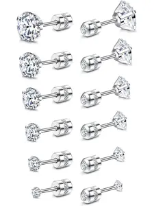 Hypoallergenic 20g Screw Back Studs Earrings, Unisex Silver Color & Stainless Steel Jewelry, Flat Back Earrings, Birthstone Cubic Zirconia Design