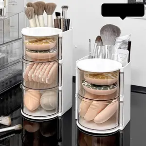 Powder puff storage box, rotating dust-proof makeup table cosmetics stand, makeup brush storage tube, desktop beauty sponge cushion lipstick storage rack, Beauty Supplies Organizer