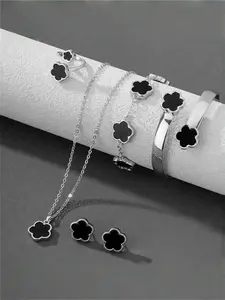 Women's 6-Piece Fashionable Jewelry Set, Floral-Themed Versatile Necklace, Bracelet, Bangle, Ring & Earrings, Perfect for Daily Wear