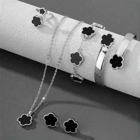 Mother's Day Gift Women's 6-Piece Fashionable Jewelry Set, Floral-Themed Versatile Necklace, Bracelet, Bangle, Ring & Earrings, Perfect for Daily Wear