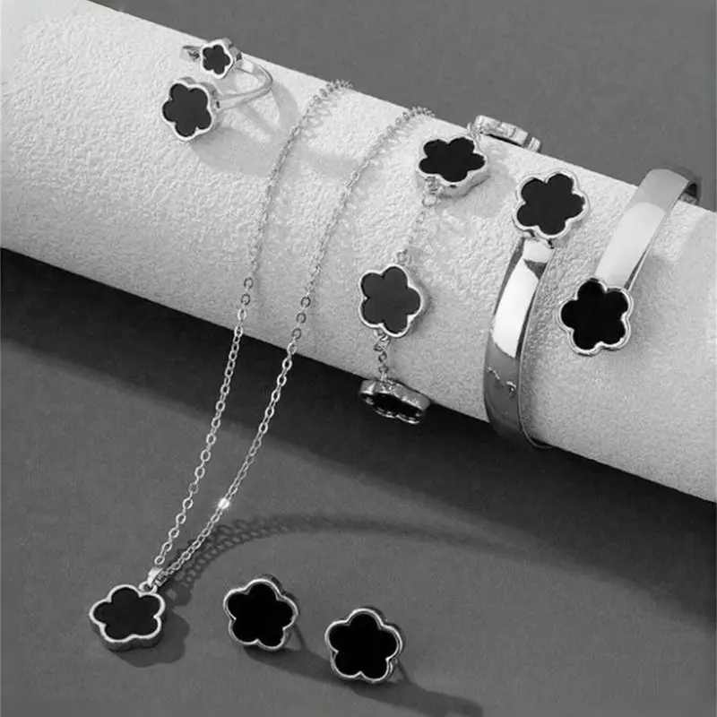 Mother's Day Gift Women's 6-Piece Fashionable Jewelry Set, Floral-Themed Versatile Necklace, Bracelet, Bangle, Ring & Earrings, Perfect for Daily Wear