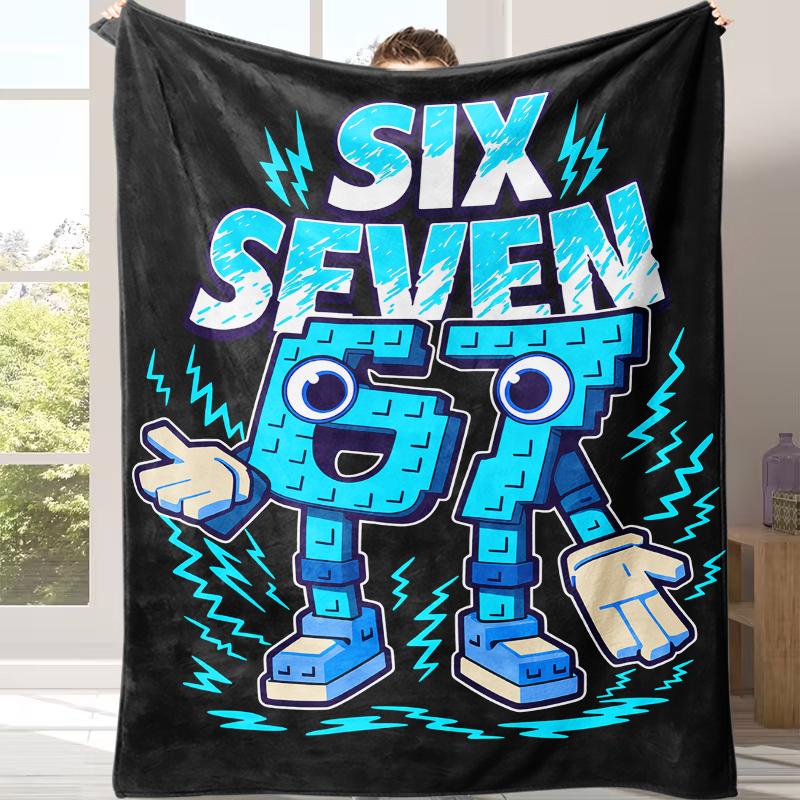 Blue-Black Color Block "67" Number Robot Lightning Flannel Blanket A warm nap blanket Lightweight Warm Ideal for Sofa Bed Travel Camping Living Room Multiple  Perfect Gift for Family and Friends