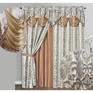 Samba . Jacquard Window Curtain Panel Drape with Attached Fancy Valance and Taffeta Backing. 2 count Set. Each pc 54" Wide x 90" Drop with 18" Valance. (Sand)