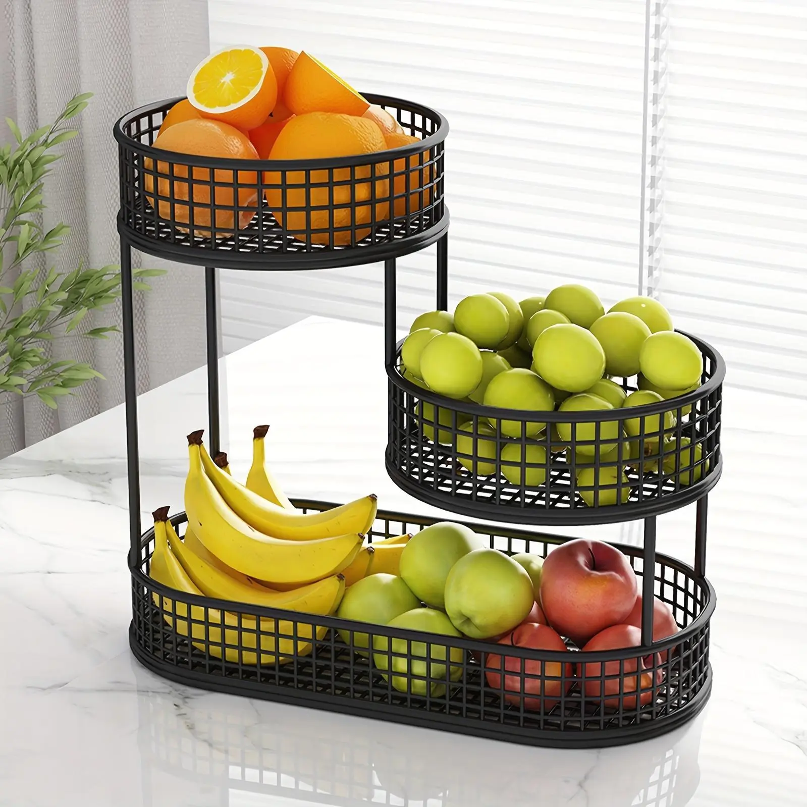 3-Tier Round Tiers Metal Fruit Basket with Metal Frame, Multi-Use Home Organizer Storage Rack - Durable, Elegant Luxury Design for Living Room, Kitchen, Multi-Use Rack