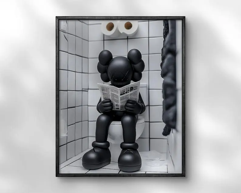 Kaws On The Toilet Reading a Newspaper Wall Art, Black Kaws Figure Print, Minimalist Kaws Print Unframed