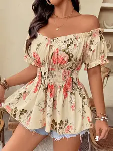 Women’s Summer New Elegant Sweet Floral Off-Shoulder Top, Women’s Vacation Blouse, Smocked Waist Slim Fit Ruffle Hem Puff Sleeve Women’s Top, Dressy Women’s Music Festival Outfit for Vacations, Dates, Parties, Outings and Graduation Season