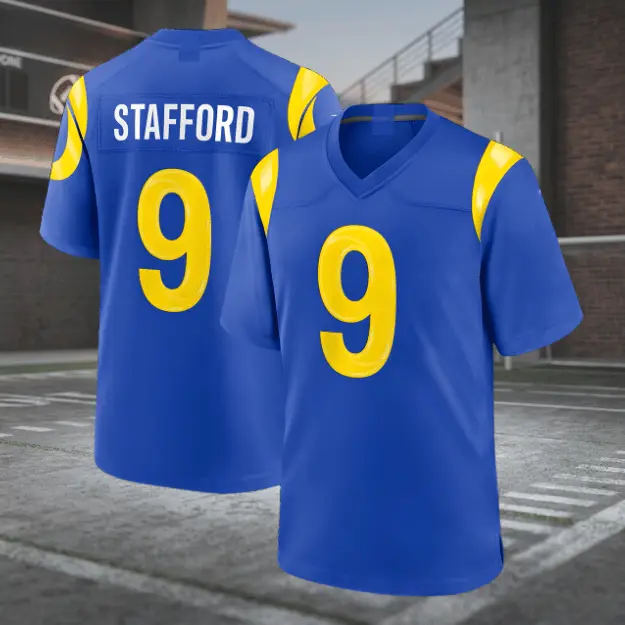 Full Print In 3 Colors Stafford #9 Football Jersey, Breathable V Neck Short Sleeve Sports Shirt, Retro Style Athletic Uniform, Football Fan Gear, Unisex Player Number Top, Great Gift Idea for Football Fans