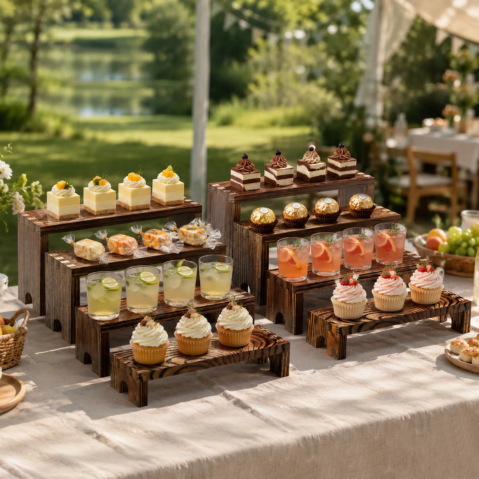 Wooden Cupcake Stand Set - 2-Set Stackable Sturdy Wood Display Shelf (8 Pcs) with Cupcake Holders, Ideal for Party, Wedding, Cheese Serving, Farmhouse Buffet Decor & Vendor Events, Farmers Markets