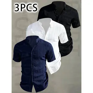 3pcs Men's Summer Short Sleeve Shirts, Lightweight Breathable Solid Color Button-Up Casual Tops with Stand Collar, Casual Attire, Low-Cut Neckline Shirts for Beach, Pool Parties and Vacation, Gift for Husband