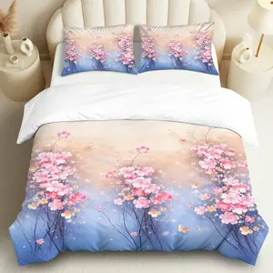 3PCS Duvet Cover Set, 1 Duvet+2 Pillowcases(Without filler), Blossom Twilight Floral Elegant Romantic Dreamy theme, Spring bedding set, Flower Art Aesthetic Suitable for decoration Bedroom Living Room Guest Room Hotel