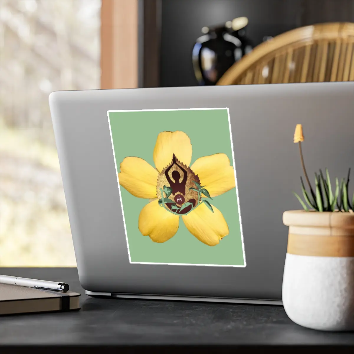 Vinyl Decal - Yellow Flower Design on Green Background - Removable Decorative Sticker for Home Decor and Ornaments