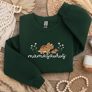 [MADE IN US] Mamasaurus Embroidered Sweatshirt, Funny Dinosaur Mom Crewneck, Cozy New Mom Gift, Mother’s Day Sweatshirt, Baby Shower Present, Mom Sweater