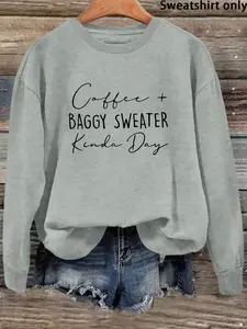 Cozy Coffee Graphic Baggy Sweatshirt, Loose Fit Round Neck Pullover, Casual Fitted Design, Comfortable Fall & Winter Wear