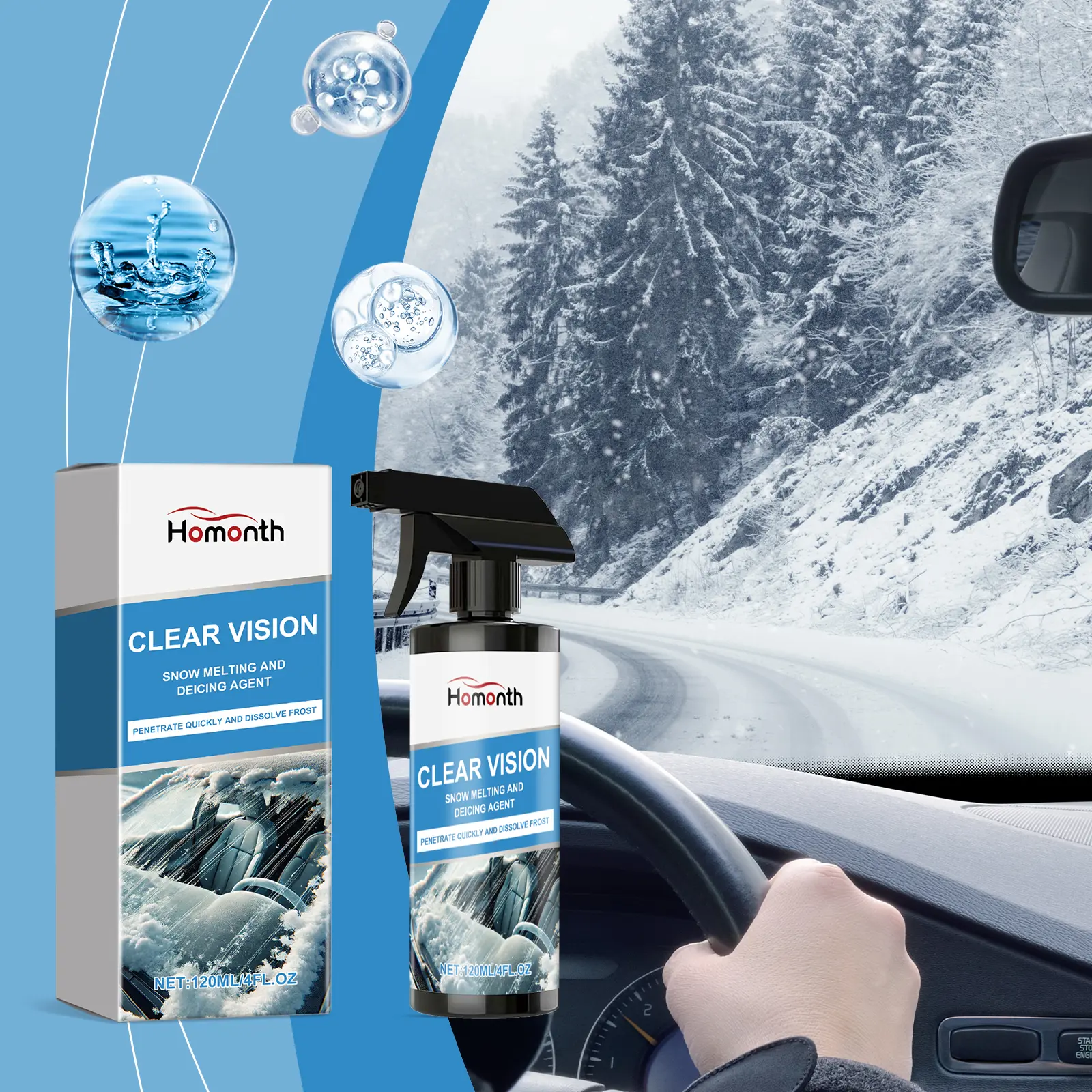 Homonth Clear Vision Snow Melting & Deicing Agent - Convenient Spray for Car Windows & Windshields - 12oz Bottle