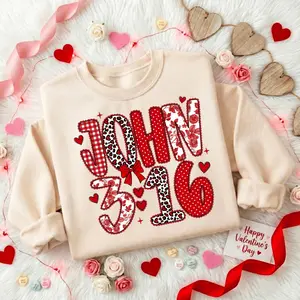 [ New Collection For Valentine ] John 3:16 Sweatshirt, Christian Valentine Sweatshirt or Shirt, Faith Based Graphic Shirt, Coquette Bible Verse Shirt, Red Patchwork Christian Tee, Gift For Her, For Mom, For Womenswears