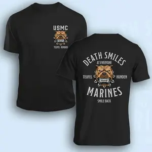 🪖[Graphic Tee][100%cotton]"Death Smiles at Everyone, Marines Smile Back" T-Shirt – Marine Corps Apparel, USMC Military Veteran Gift, Patriotic Men’s Graphic Tee, Unisex Cotton Tee, Casual Streetwear, Oversized Military Fan Shirt, Daily Wear, Men & Women