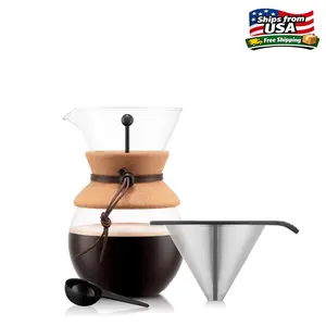 34oz Pour over Glass Coffee Dripper w/ Reusable Stainless Steel Filter, Brown, Cork, New