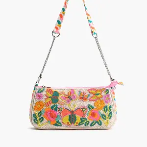 Rainbow Wings Floral Shoulder Bag Hand-Woven Jacquard with Beaded Strap & Butterfly Pattern