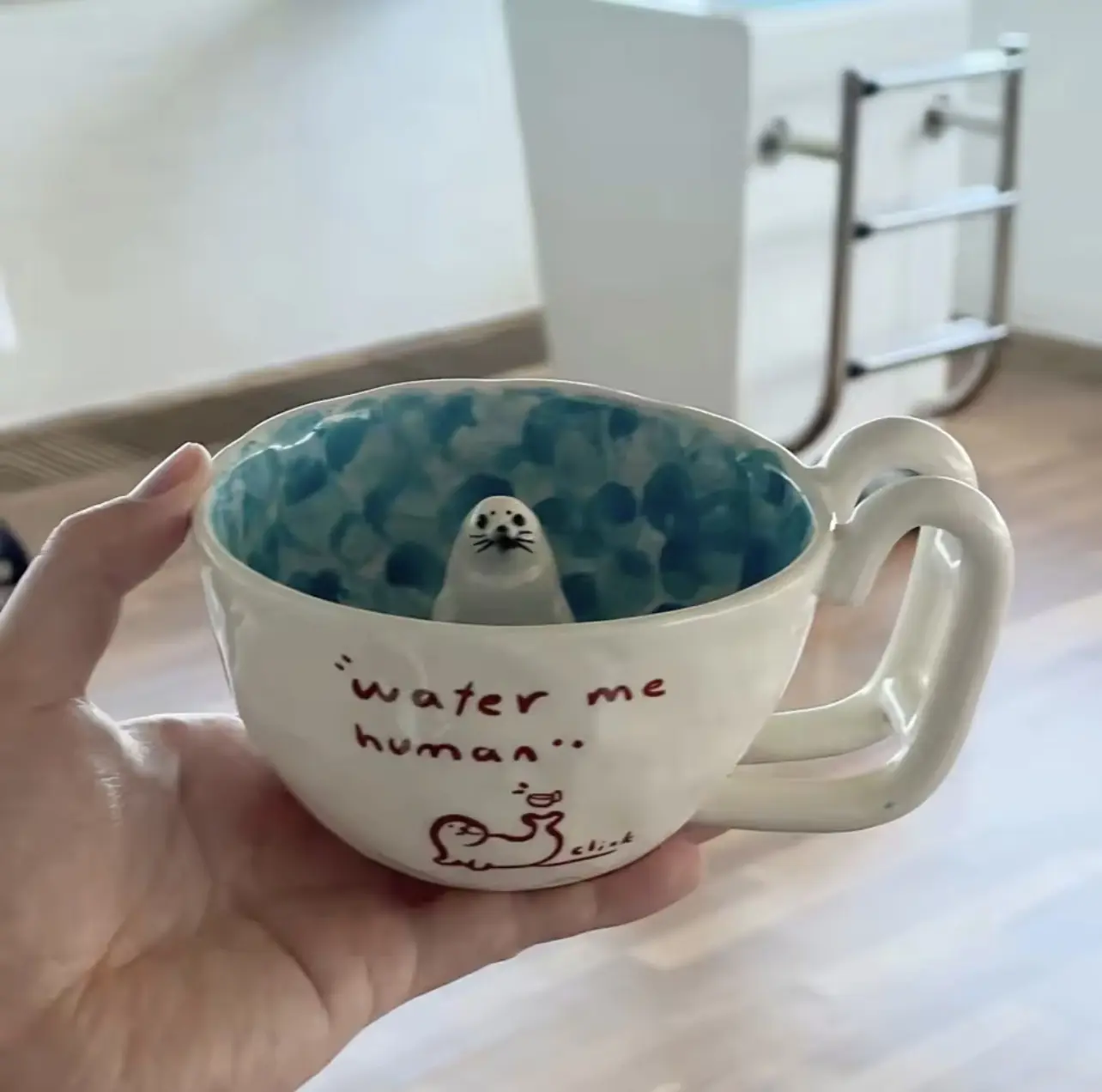 Cute Cartoon Seal Coffee Cup Handmade Ceramic Mug Swimming Pool Mug with Ladder Handle Drinking Cup Desktop Decoration