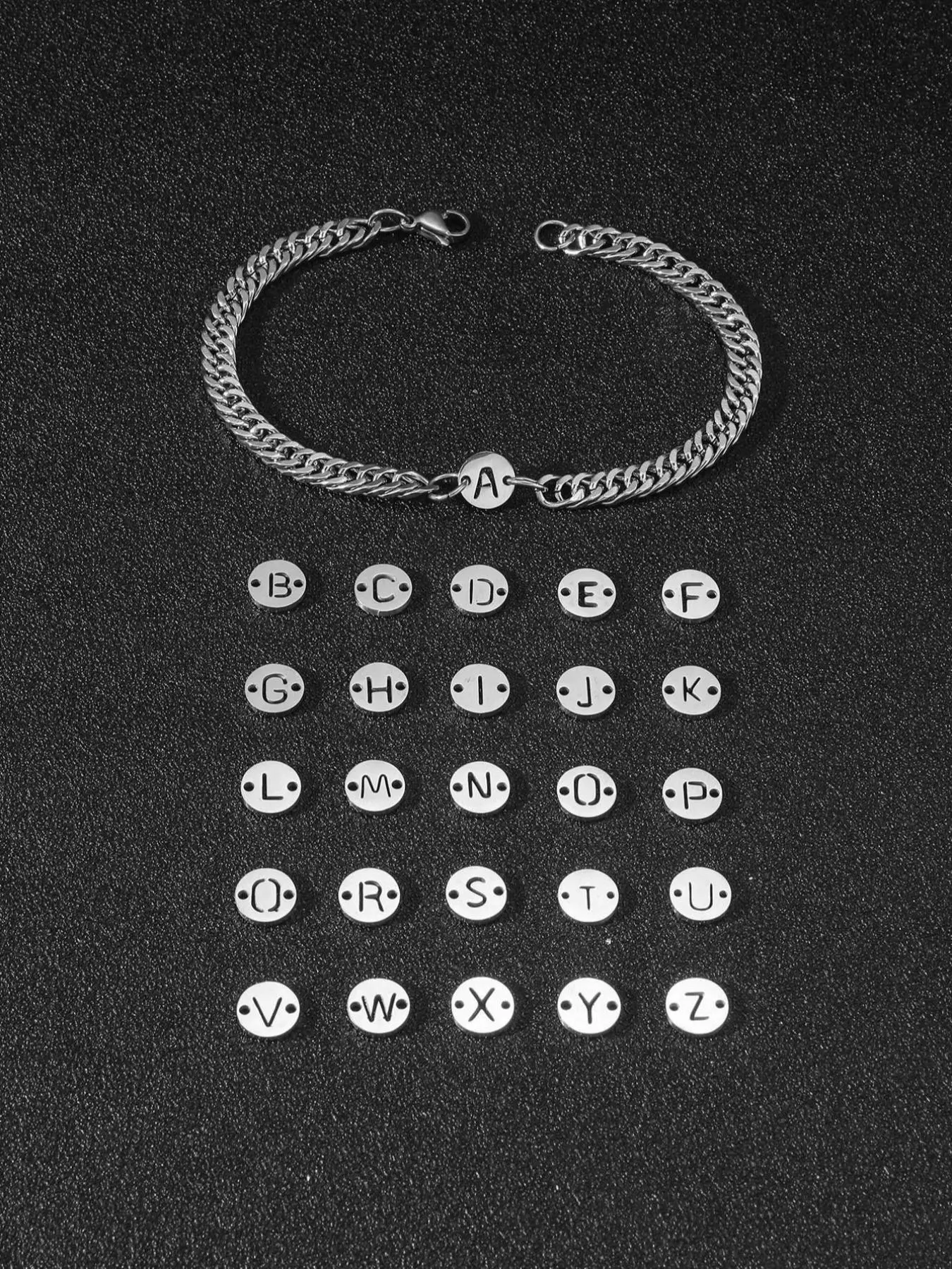 Simple Plain Stainless Steel Double Hole 26 Letters Pendant Link Bracelet, Trendy and Versatile Casual Accessories for Men, Hollow out 2024 New Trendy