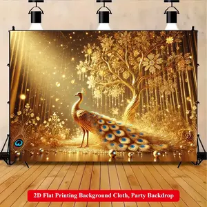 2D Flat Printing Backdrop Banner 1pc, Golden Peacock And Sparkling Tree Vibrant Polyester Background Cloth for Family Party, Wedding, Birthday, Christmas, Thanksgiving, Fall, Entryway, Room Decorations, Easy to Set Up, Reusable