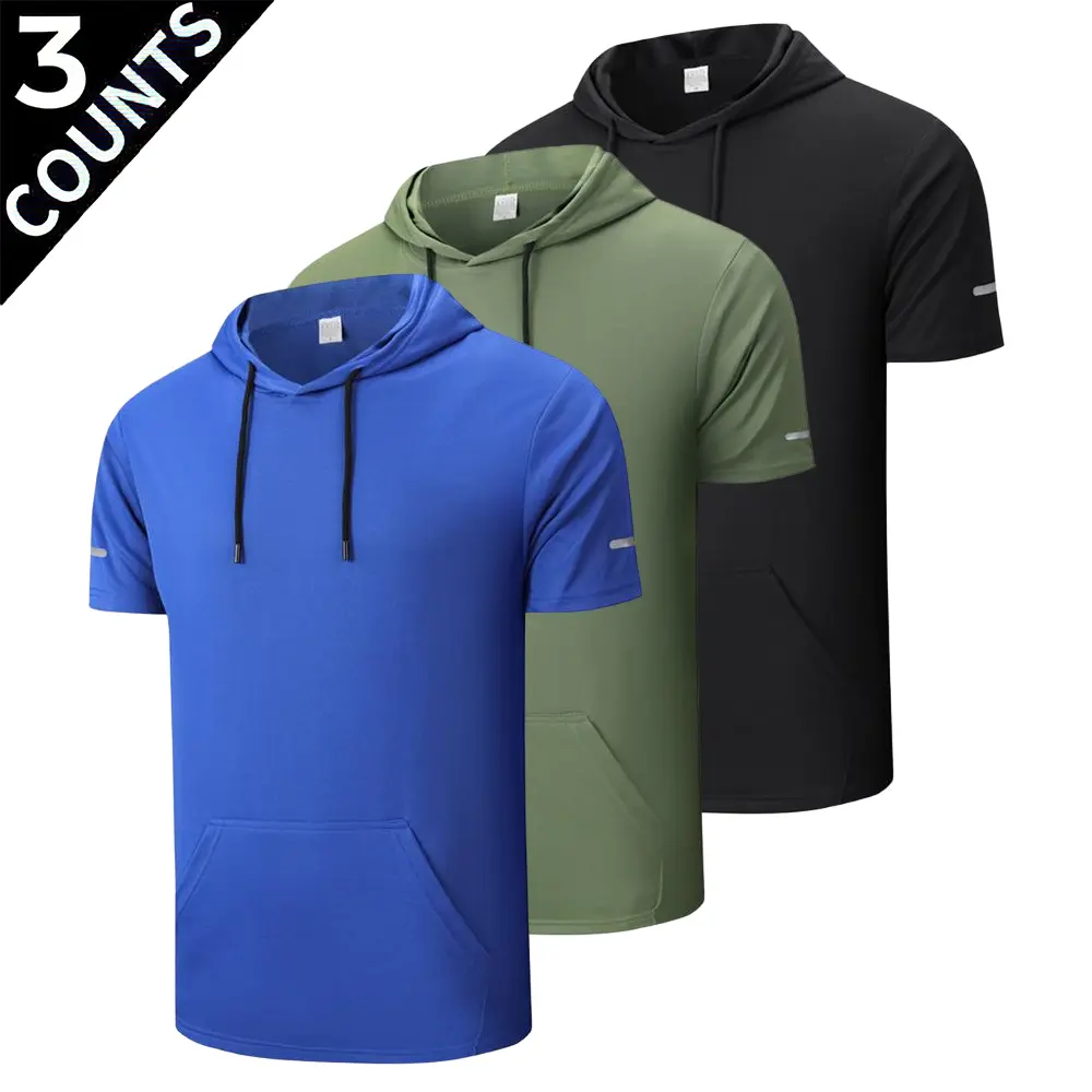 3-Pack Men’s Quick-Dry Short-Sleeve Hooded T-Shirts for Summer Sports & Fitness — Breathable Ice Silk, Stretch Casual Tops for Outdoor Running Training