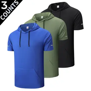 3-Pack Men’s Quick-Dry Short-Sleeve Hooded T-Shirts for Summer Sports & Fitness — Breathable Ice Silk, Stretch Casual Tops for Outdoor Running Training