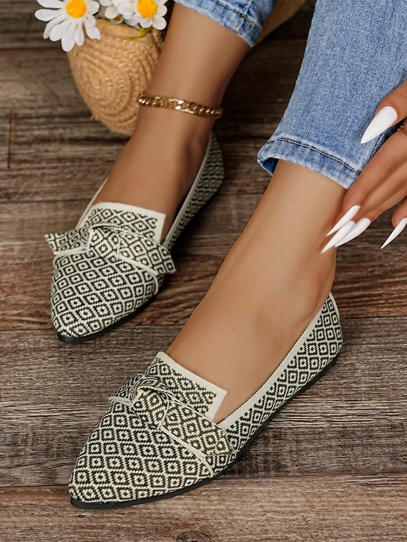 Women's Bowknot Decorative Colorblock Pointed Toe Flat Shoes, Summer Flat, Casual Summer Flats, Breathable Canvas Slip-On Casual Loafers, Comfortable Anti-Slip Footwear