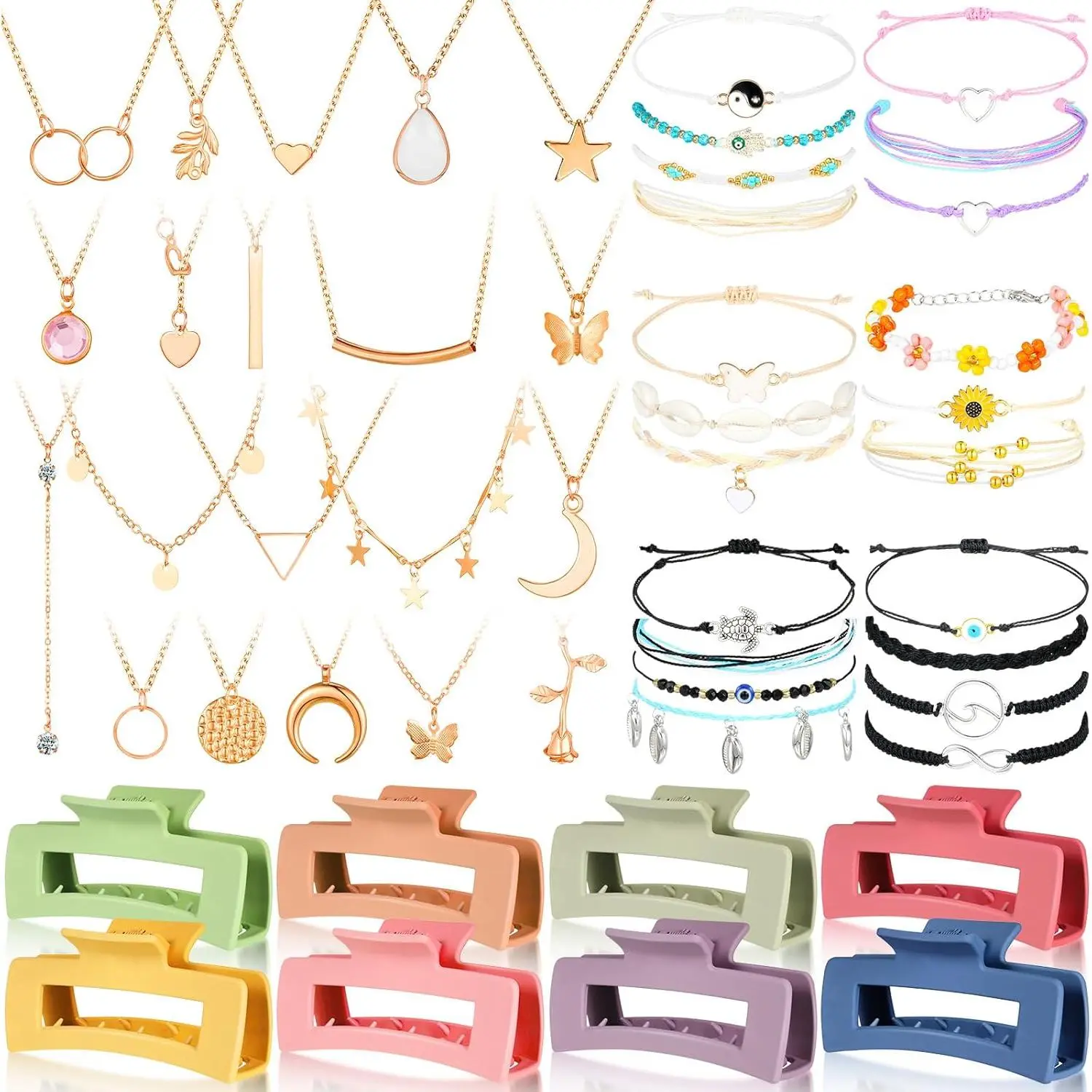 Home Supplies 49-Count Cute Adjustable Acrylic Surfer Wave String Friendship Bracelets & Layered Chokers with Strong Grip Square Clips - Female Set, Solid Colors, Valentine Gifts for Daily Wear, Beach Skin Care Wash Face Accessories
