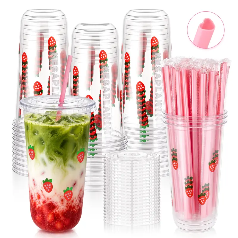 50/100-Set Transparent 20oz/700ml Fruit-Themed Strawberry U-Cup Disposable BPA-Free PET Cold Drink Cups with Lids & Colorful Pink Heart Straws, Round-Bottom, for Holiday Parties & On-the-Go Coffee