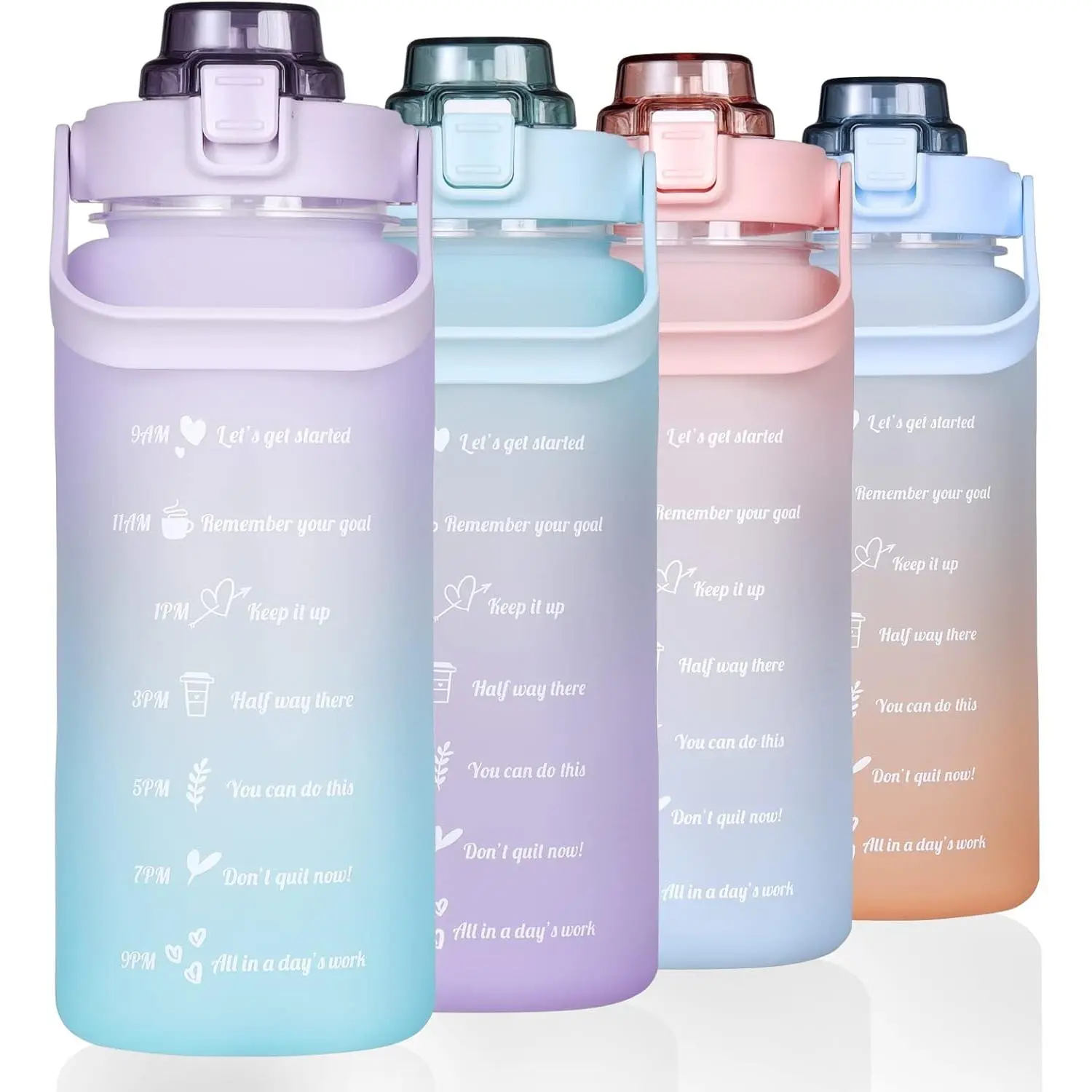 Large Half Gallon 64 OZ Motivational Water Bottle with Straw Time Marker  for  and Fitness Purple Green