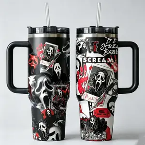 Scream Ghostface 40oz Tumbler With Handle, Horror Movie Fans Cup, Scary Slasher Graphic Travel Mug, Halloween Aesthetic Stainless Steel Tumbler, Leakproof Insulated Cup, Gift For Horror Lovers