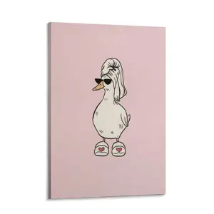 Funny Duck in Towel & Slippers Canvas Print, Pink Retro Wall Art, Cute Duck Art Poster, Trendy Home Decor, Minimalist Duck Drawing for Bedroom Bathroom Living Room