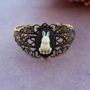 Victorian Floral Bunny Ivory Cameo Vintage Inspired Cuff Adjustable Bracelet