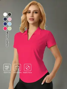 Women's Casual Polo Style V-Neck Shirt – Soft Stretchy Short Sleeve Fit Blouse for Daily Wear– Comfortable Breathable Collared Top
