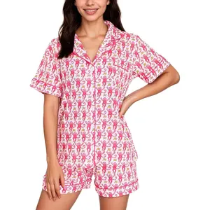 Women's Pajamas Set Button Down Ladies Summer Pajamas Monkey Printed Sleepwear Short Sleeve 2 Pc Pjs for Birthday Gift 2026