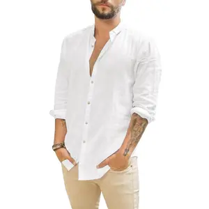 Men's Casual Button Down Cotton Linen Shirts Long Sleeve Band Collar Beach Shirt Top PQ1161 Menswear Beige